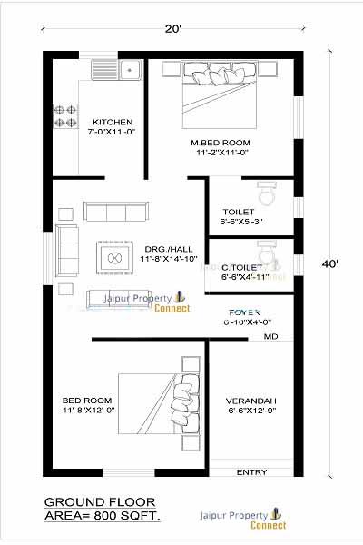 20 X 40 House Plan | 20x40 house plans with 2 bedrooms