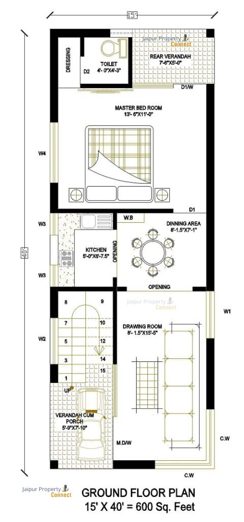 15×40 House Plans- 1BHK with Car Parking