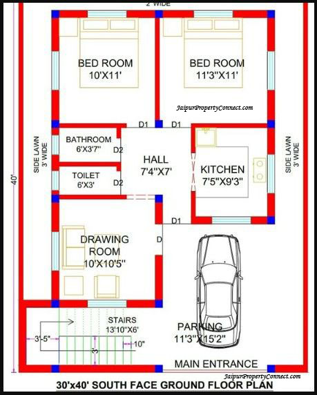 The 30 x 40 house plan with Vastu layout and facing south offers you a private chapel as well as lots of parking space.