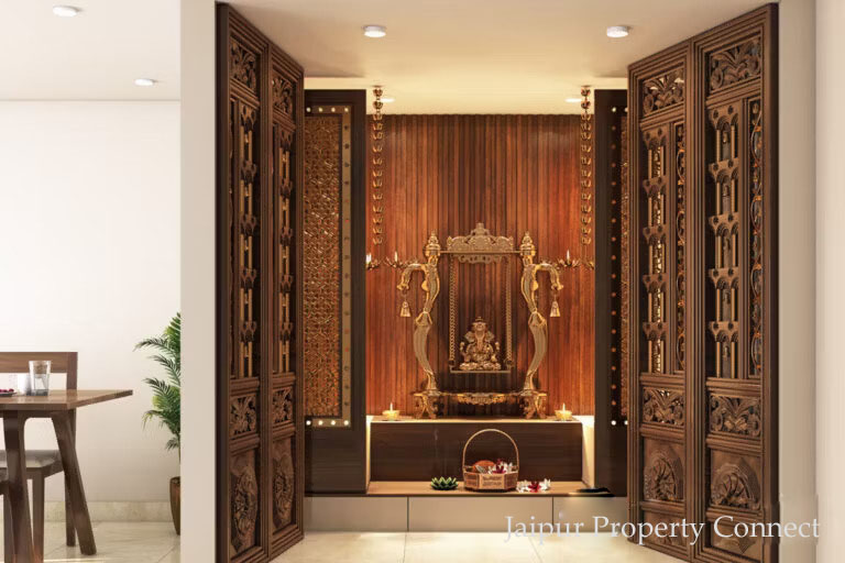 Teak is a durable and sturdy material to consider for your pooja room doors