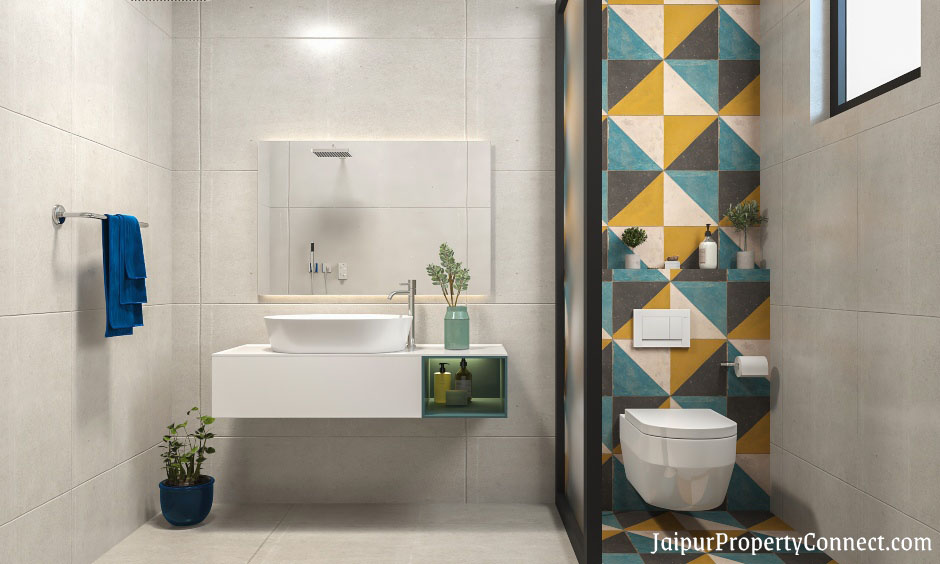 2bhk-house-interior-design-where-the-guest-bathroom-has-a-colourful-tiled-wall-for-a-pop-of-colour-and-fun