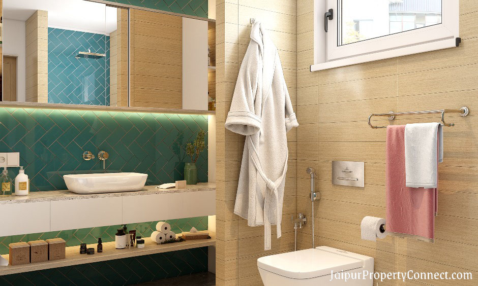 interior-design-of-2bhk-bathroom-with-tiled-backsplash-vanity-unit-with-drawers-and-floating-shelves
