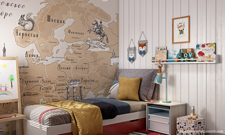 modern-2bhk-house-kids-bedroom-with-map-wallpaper-decorates-on-wall-and-white-wall-panelling