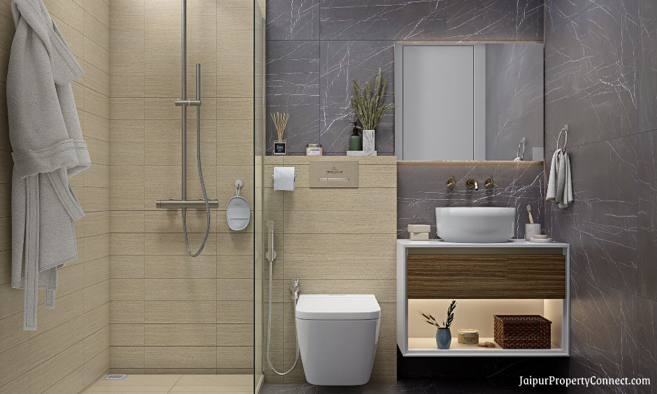 small-bathroom-design-with-wood-finished-floating-vanity-unit-in-modern-2bhk-home