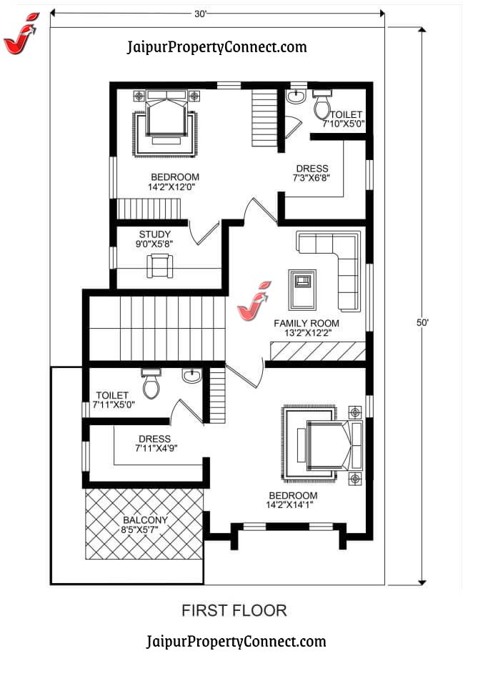 30X50 3 Bedroom Floor Plan Design: