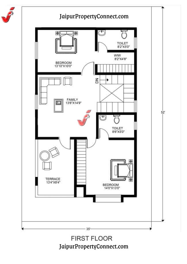 35X52 Modern 3 Bedroom House Plan Design: