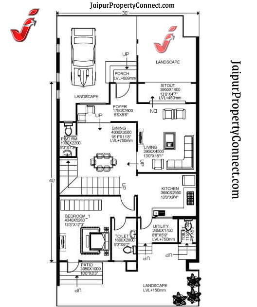 30X40 Modern 3BHK House Plan: