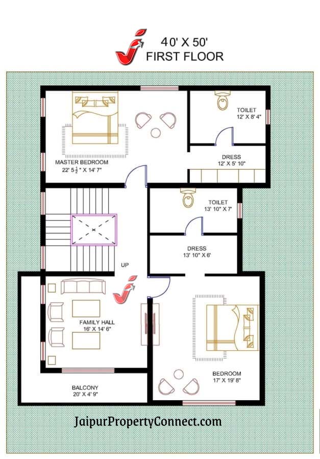 40X50 Vastu 3Bedroom House Plan: